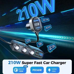 Alternative view of 9-í-1 fjöltengi í bíl (3x sígarettutengi & 6x USB raufar (5x USB-C & 1x USB-A - Allt að 210W